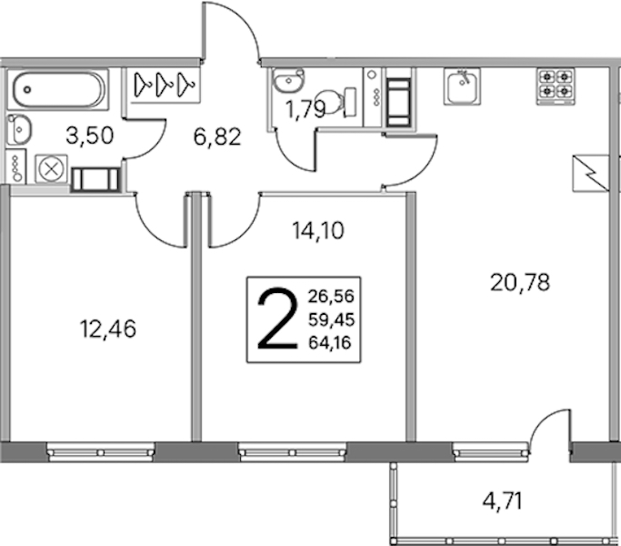 2-комнатная квартира 59.45 м², 3/5 эт., ЖК «ЮгТаун. Олимпийские кварталы»